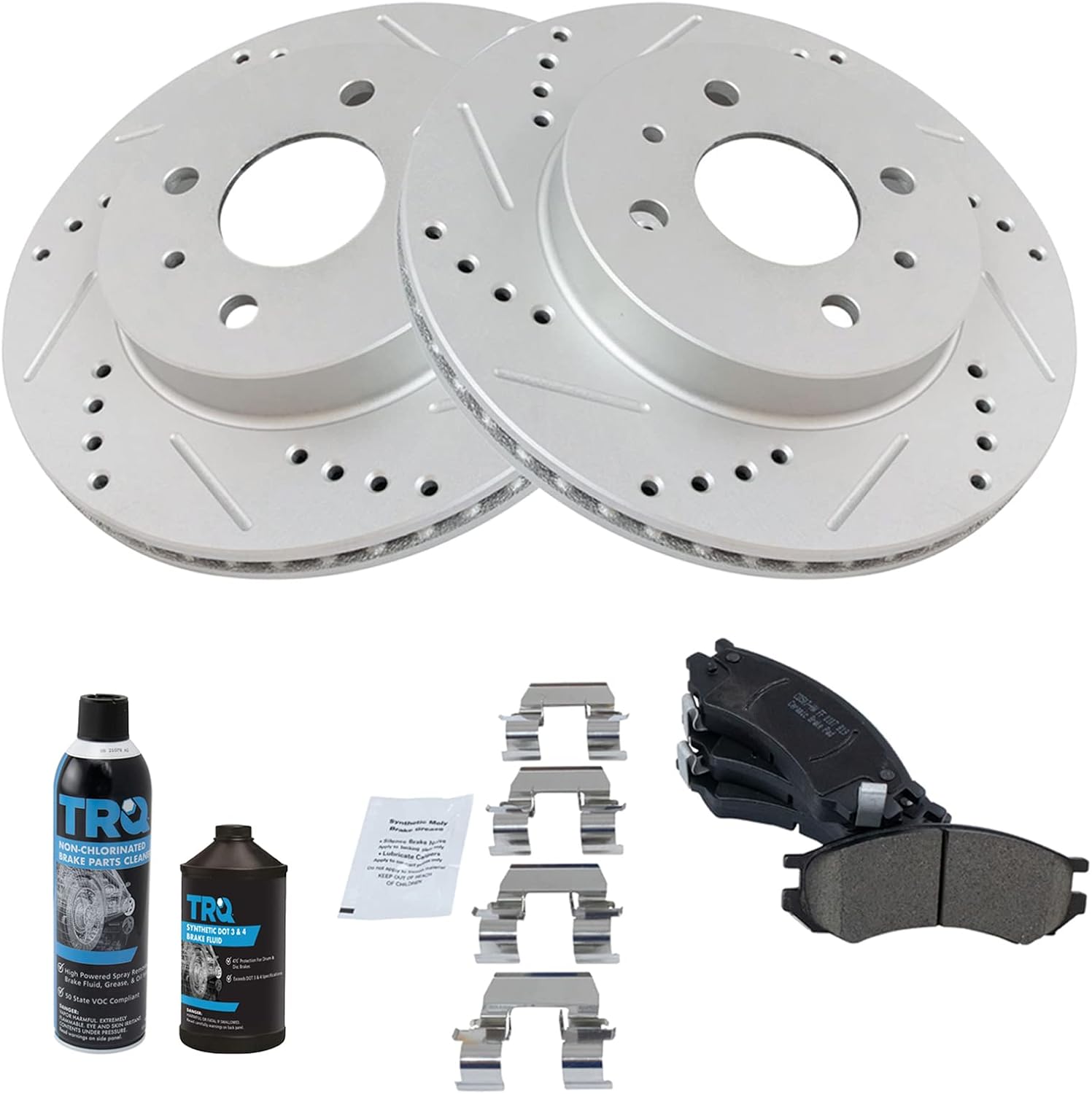 TRQ Front Brake Pad & Rotor Kit Performance Ceramic Premium G-Coated Slotted X Drilled Compatible with 1991-1992 Saturn SC 1993-2002 SC1 SC2 1991-2002 SL SL1 SL2 1993-1999 SW1 1993-2001 SW2