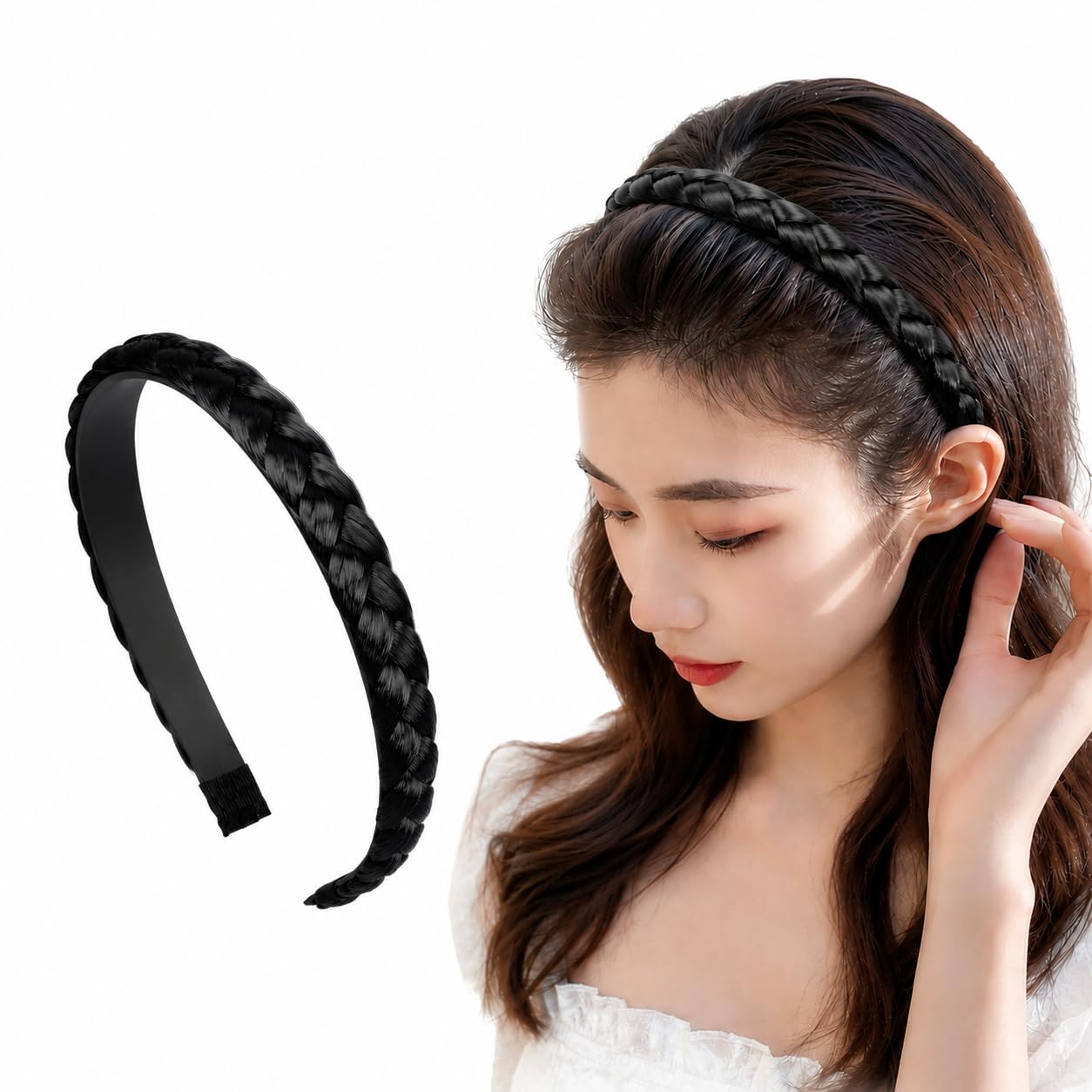 Diversa Braided Hair Band with Teeth, Synthetic Hair Braided Plates Non-Slip Headband, Hair Braid Accessories for Women & Girls, 1.2 inch, Black, Pack of 1