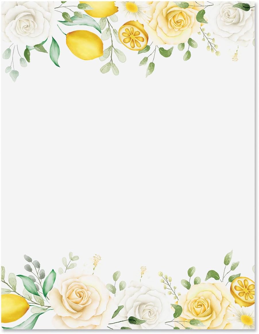 Lemons and Roses Letter Paper - Set of 25 stationery papers, 8 ½ x 11, compatible computer paper
