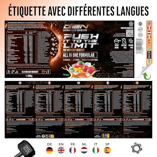 Push it to the Limit - Pré-entraînement avec L-arginine + citrulline + L-tyrosine + L-théanine + L-carnitine + AAKG + taurine + rhodiola rosea + caféine - Hautement dosé - 360 g - Mangue Fraise – Image 8