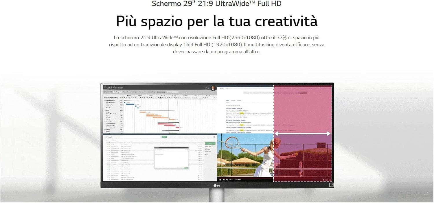 LG 29WQ600 Monitor 29 UltraWide 21:9 LED IPS HDR 10, 2560x1080, 1ms, AMD FreeSync 100Hz, Audio Stereo 14W, HDMI 1.4 (HDCP 2.2),Display Port 1.4, USB-C, Flicker Safe, Bianco LG 29WQ600 Monitor 29 UltraWide 21:9 LED IPS HDR 10, 2560x1080, 1ms, AMD FreeSync 100Hz, Audio Stereo 14W, HDMI 1.4 (HDCP 2.2),Display Port 1.4, USB-C, Flicker Safe, Bianco