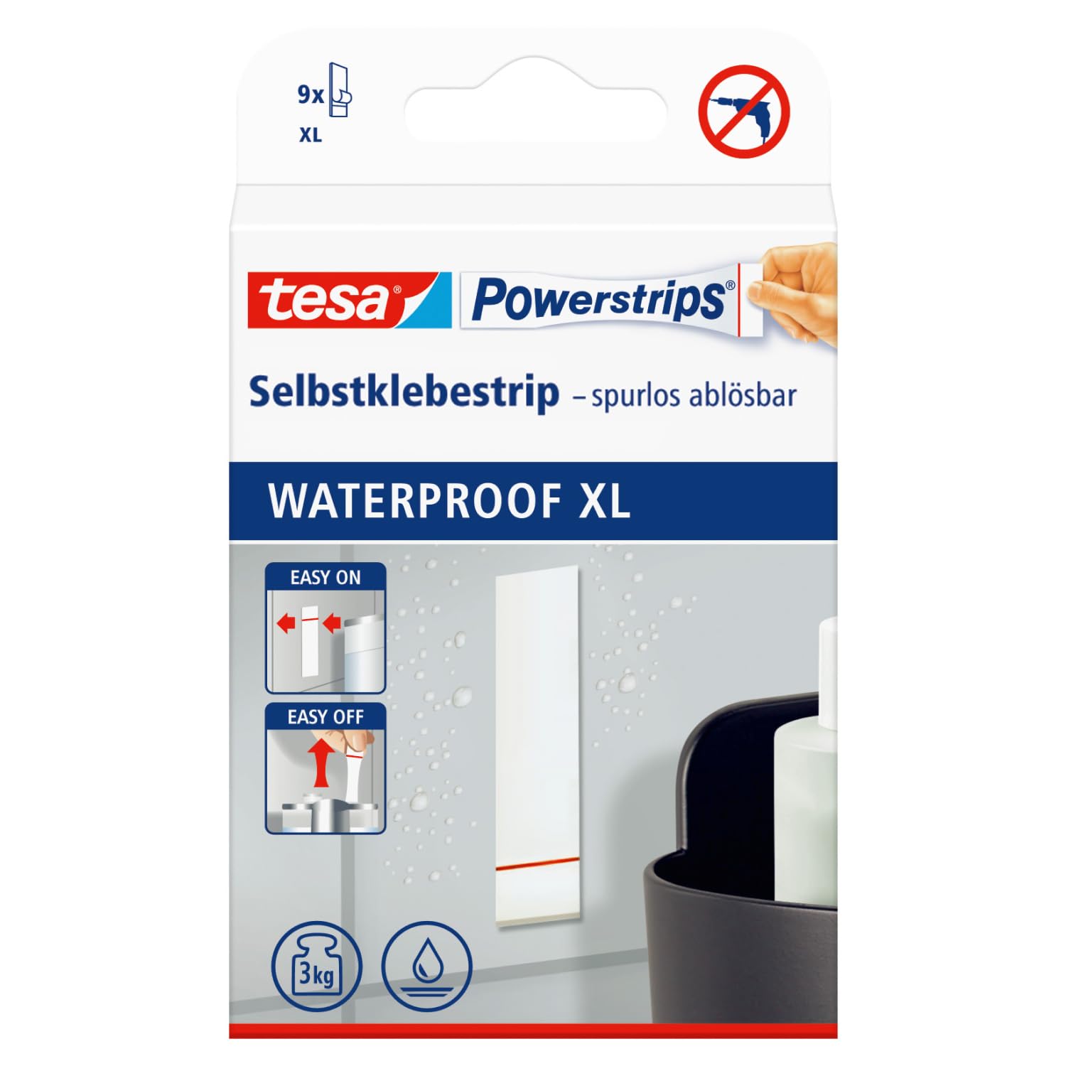 tesa Powerstrips® Waterproof Strips XL - Waterproof, Double-Sided Adhesive Strips for Kitchen Bathroom, up to 3 kg Holding Power - 1 x 9 Strips
