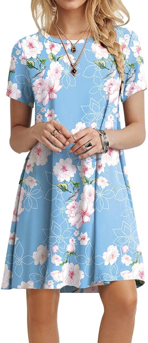 POPYOUNG Women's 2023 Summer Casual T-Shirt Dress Short Sleeves Swing Boho Beach Cover up