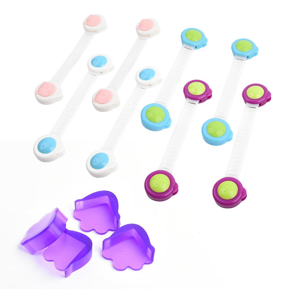 Child Adjustable Safety Cabinet Locks and Self-Adhesive Reuse Corner Cushion,Maikatu Protectors Latches to Baby Proof Cabinets,Drawers,Fridge,Toilet Seat,No Drilling,12 Pack