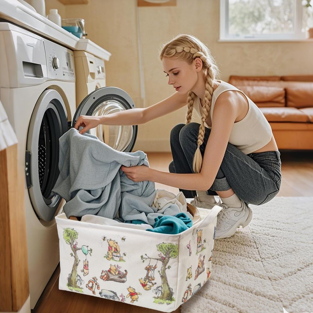 Rectangle Cute Bear Nursery Storage Basket With A Waterproof PE Coating, Foldable Large Canvas Laundry Hamper, Decorative Storage Baskets Suitable For Bathroom and Bedroom (White)