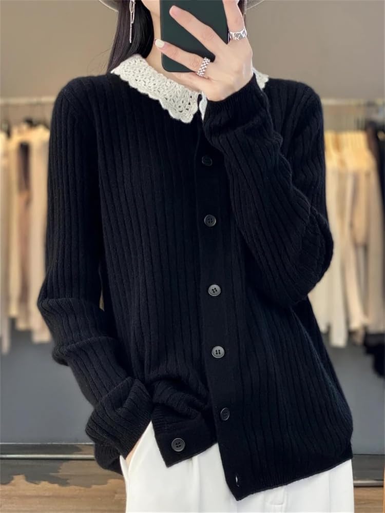 Women Long Sleeve Wool Knit Cardigan Peter Pan Collar