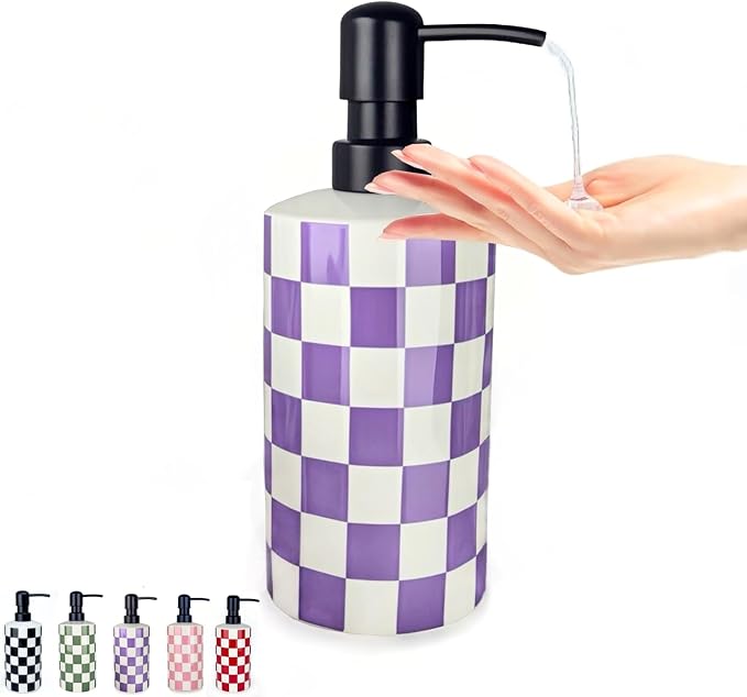 Hand Soap Dispenser, Purple Soap Dispenser with Stainless Steel Pump for Bathroom/Kitchen Countertop, Ceramic Modern Cute Refillable Lotion/Liquid Bottles for Bathrooms,Lavender Bathroom Decor (15oz)