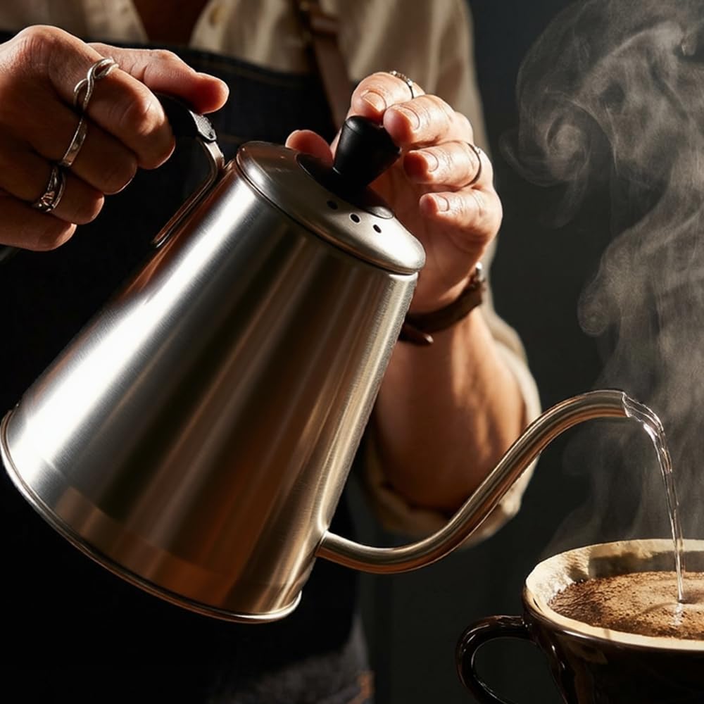 MAXWIN Bollitore a Collo d'oca in Acciaio Inossidabile per Caffè e Tè,Bollitore di Classe per Caffè con Beccuccio Lungo 1L - Acciaio Inossidabile di Qualità(AS-97E)