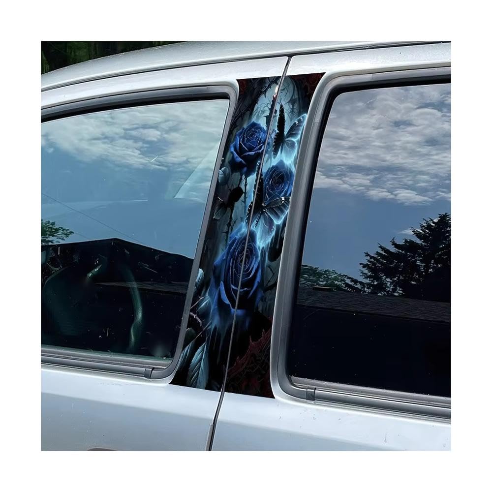 Car Center Pillar Window Film Blue Roses & Glowing Butterflies Glossy Protective Polyethylene