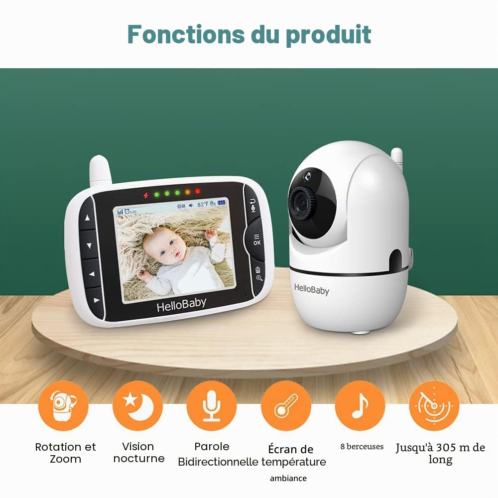HelloBaby Babyphone Caméra Moniteur Vidéo 3,2 inches LCD Babyphone Vidéo Bébé Surveillance avec 2 Caméras, 360° PTZ Camera Bebe Surveillance, Vision Nocturne (HB65)