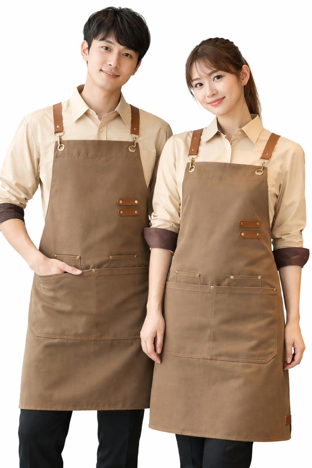 Ibex Unisex Beige Bib Apron 100% Cotton | Cross Back Strap Work Apron With Pockets | Kitchen, Cafe, Restaurant, Barista & Craft Apron