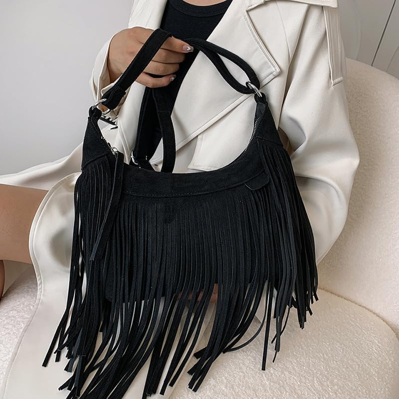 Fringed Suede Shoulder Bag, Stylish Leather Crossbody, Seasonal Purse Handbag - Image 5