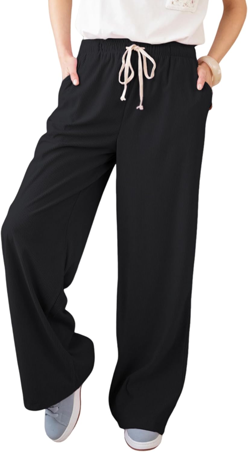 Ailoqing Women's Casual Corduroy Pants Drawstring Elastic Mid-Rise Straight Leg Pants Loose Comfy Trousers with Pockets