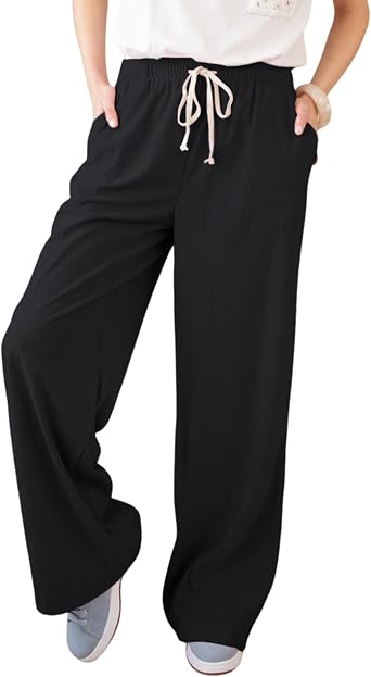 Ailoqing Womens Casual Corduroy Pants Drawstring Elastic Mid-Rise Straight Leg Pants Loose Comfy Trousers with Pockets