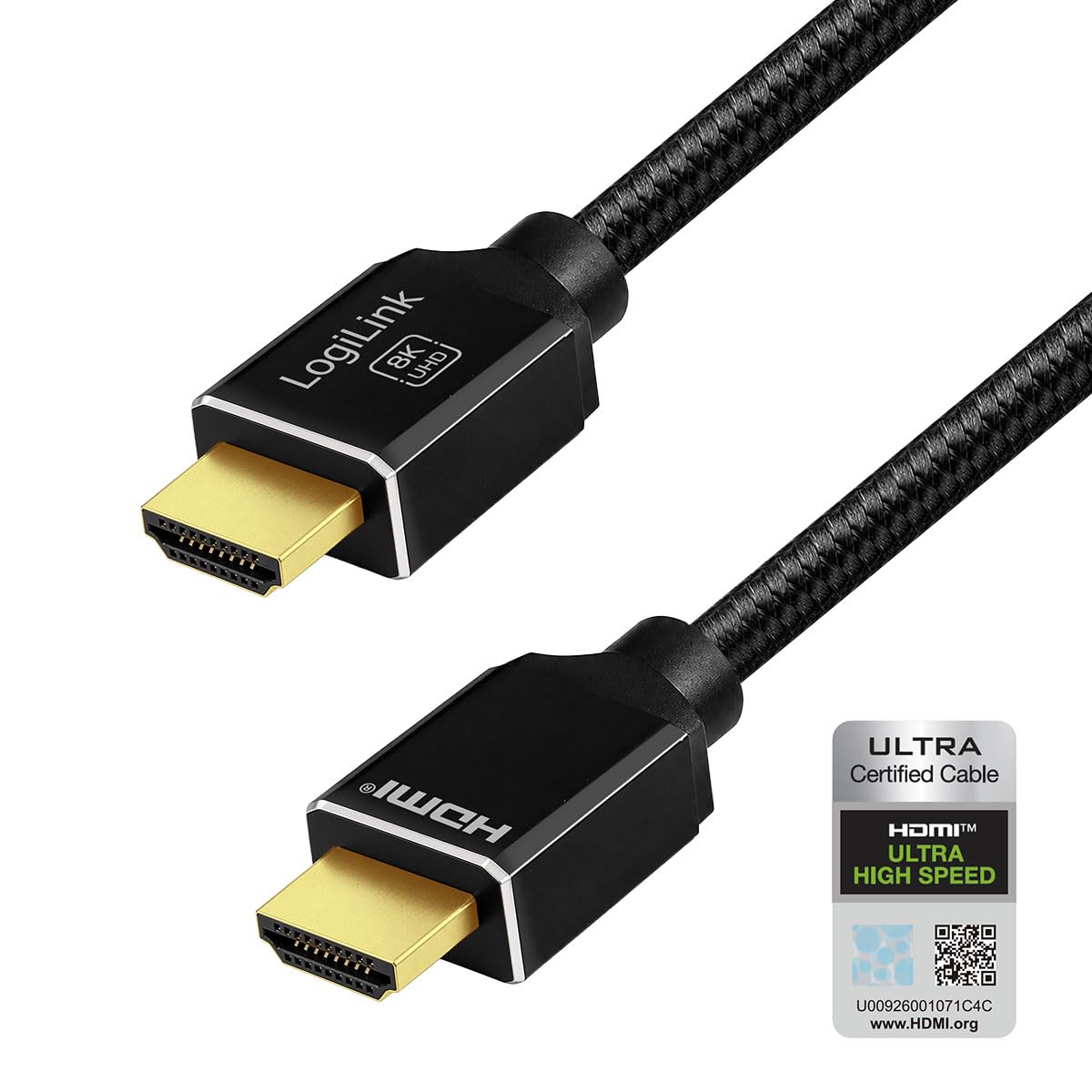 Logilink Cavo di collegamento HDMI certificato (maschio/maschio), risoluzione UHD fino a 8K/60 Hz, velocità dati fino a 48 Gbps, eARC, Dynamic HDR, VRR, ALLM, lunghezza: 2 m