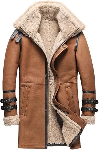 Denny&Dora Mens Shearling Coat Brown Color Mens Double Collar Long Style Sheepskin Leather Jacket