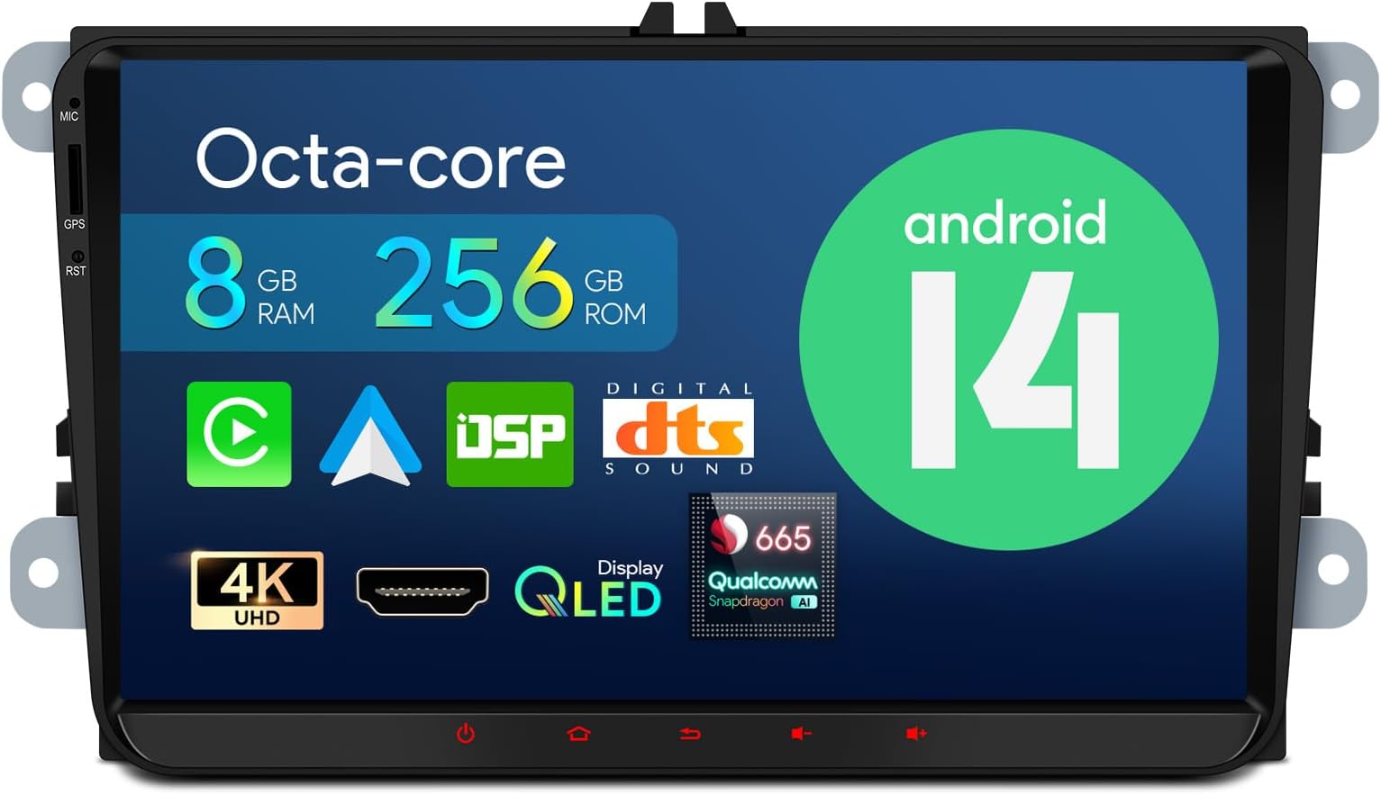 Android 14 Qualcomm 665 QLED Radio Player for VW Volkswagen EOS Golf SKODA SEAT, 9 Inch Octa Core 8GB+256GB Car Stereo IPS Touched Screen DSP DTS 4G LTE GPS Bluetooth Support AHD Camera DAB+