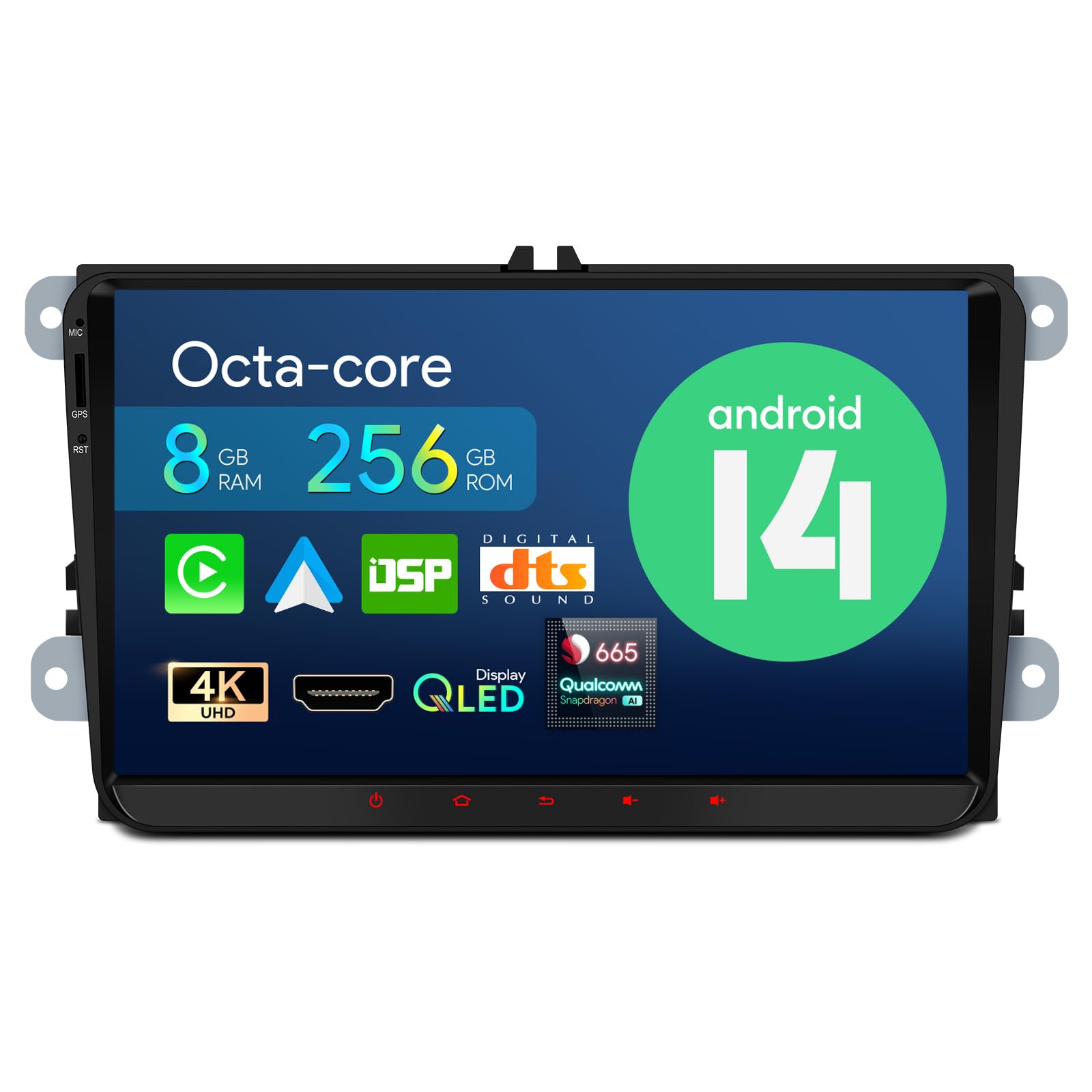 XTRONS Android 14 Qualcomm 665 QLED Radio Player for VW Volkswagen EOS Golf SKODA SEAT, 9 Inch Octa Core 8GB+256GB Car Stereo IPS Touched Screen DSP DTS 4G LTE GPS Bluetooth Support AHD Camera DAB+