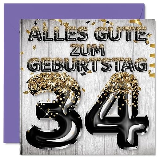 Stuff4 34. Tarjeta de cumpleaños para hombres – Globos con purpurina negra y dorada, tarjetas de felicitación de cumpleaños para hombre de 34 años, hijo, hermano, tío, 145 mm, treinta y cuatro