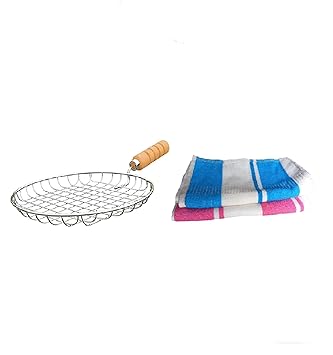 Steel Round Heavy Papad Roaster Chapati Roti Jali Barbeque (BBQ) Grill with Wooden Handle with Free (2pc Towel) for Gym & Kitchen Use