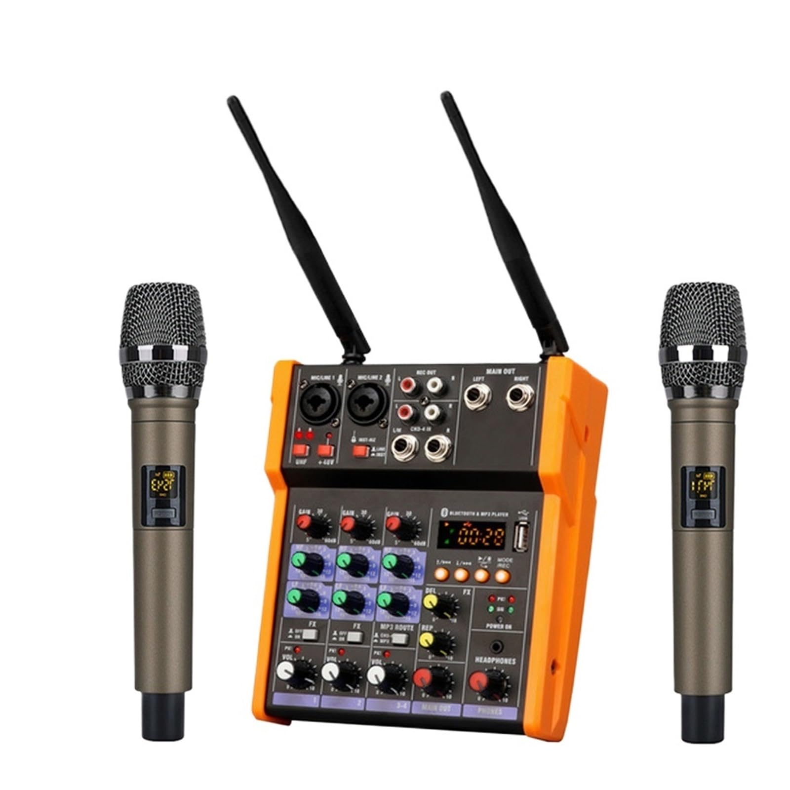 Console mixer audio a 4 canali Woopker con microfono wireless Mixing Ingresso USB Mixer DJ Artisti e Band(Black Set)