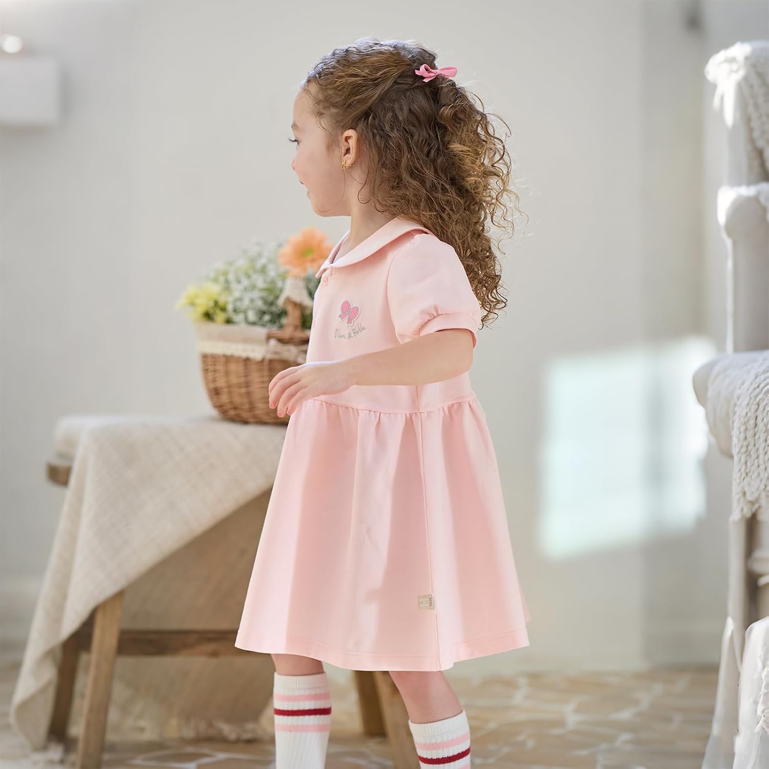 DAVE&BELLA Toddler Girls Summer Dress, Baby Puff Short Sleeve Floral Sundress Cotton Polo Dress for Playwear Birthday Party