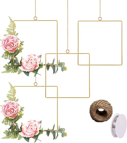 Miniatura 5 de Juego de 3 piezas de corona de aro floral, anillo de corona de metal geométrico dorado, kit de fabricación de guirnaldas de flores artificiales,