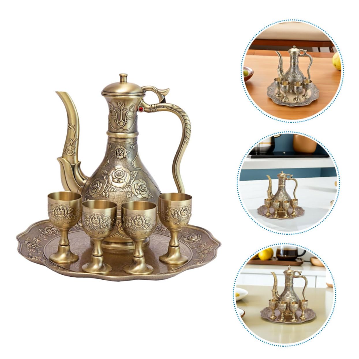 GLEAVI Weinkelchset aus Zinklegierung mit Weinkaraffe Gläsern und Tablett Elegant Vintage Design Verblassfest und Einfach zu Reinigen für Teeparty und Tischdekoration
