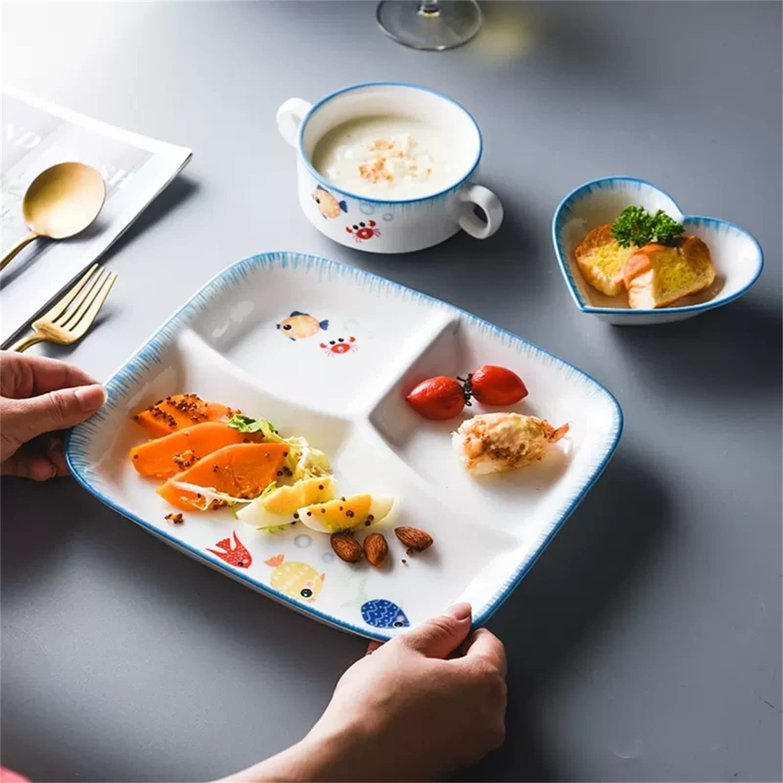 Fodalob Stoviglie per la Gestione del Peso - 3 Pezzi stoviglie di Grandi ceramiche per Adulti, Piatti di Pesce divisi e Set di Ciotole, Micro-Onda e lavastoviglie, Ottimo Regalo per Il Compleanno