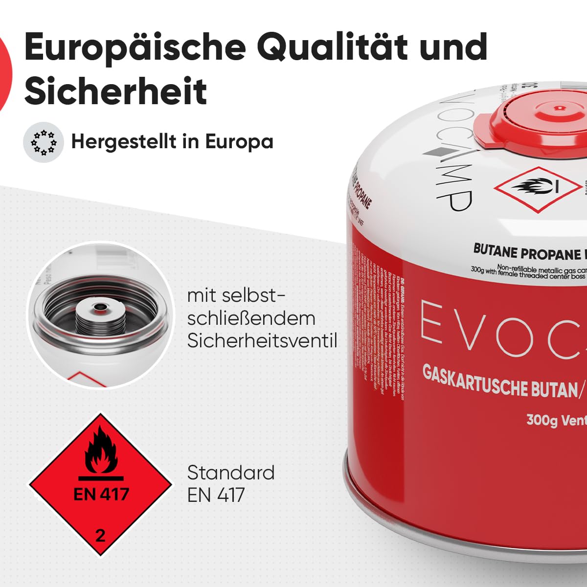 EVOCAMP 3x Propan Butan Gaskartuschen 300g, Schraubventil Eurogewinde 7/16", Ventilkartuschen 539ml mit Sicherheits-Verschlussautomatik, Gaskartuschen einsetzbar für Weber Grills Q100/1200-Serien
