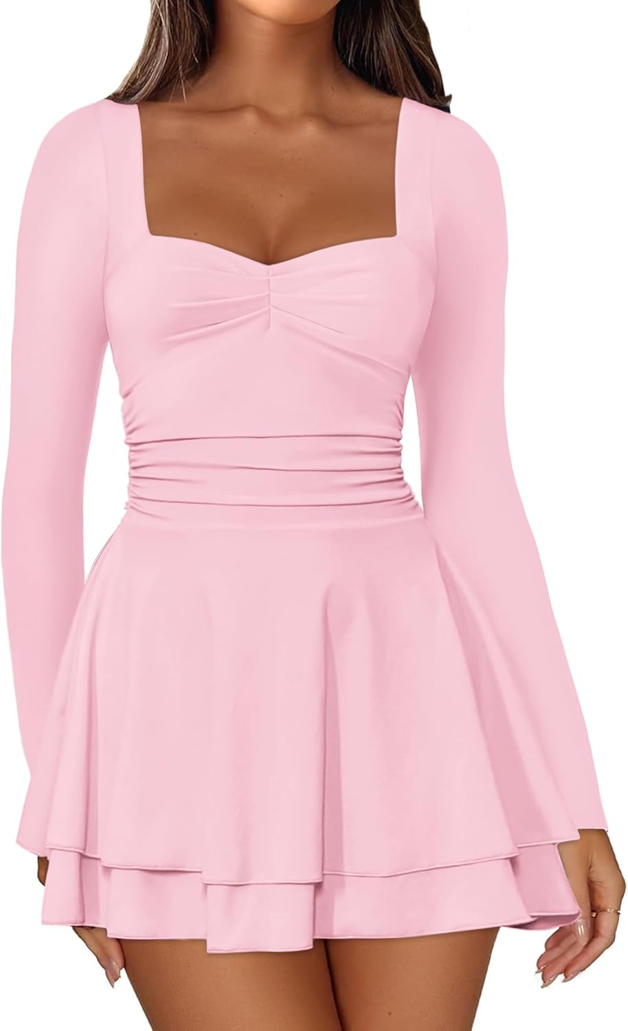 IWD Women's Square Neck Long Sleeve Mini Dress Ruched Corset Waist Tiered Ruffle Hem A Line Short Party Dresses