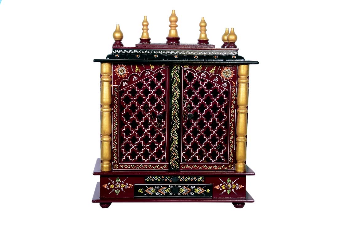 Jodhpur Handicrafts Wooden Temple with LED Bulb with Pooja Thali and God Photo Frame