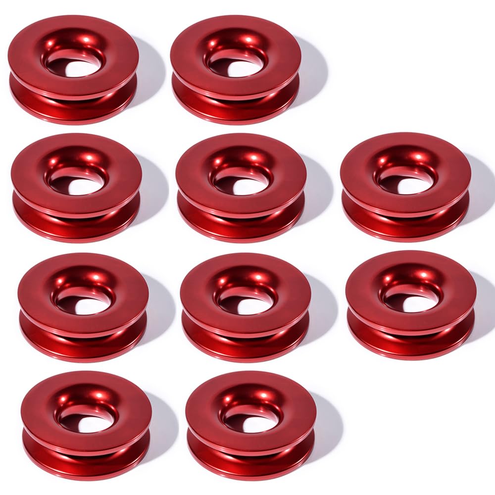 AutoXcessori 10PCS Red Anodized Aluminum Recovery Ring Snatch Block Pulley Roller Towing 41,000LBs for 3/8 inch 1/2