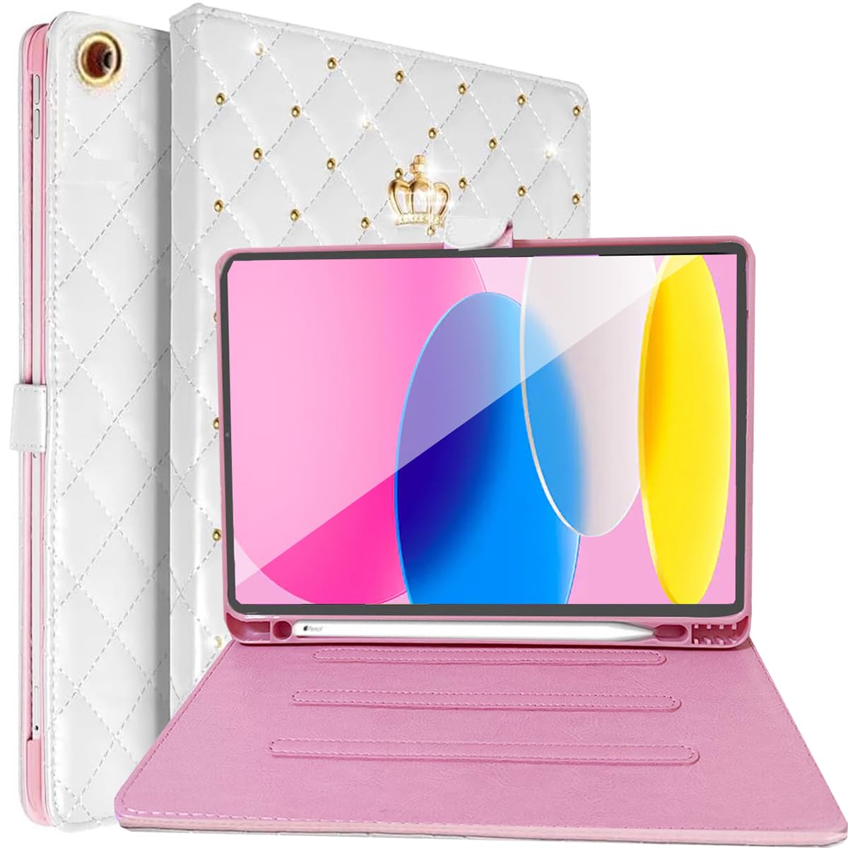 Changjia for iPad 10.2 Case 9th/8th/7th Generation (2021/2020/2019) with Pencil Holder,Cute Crown Bling Diamond Elegant PU Leather Smart Auto Sleep/