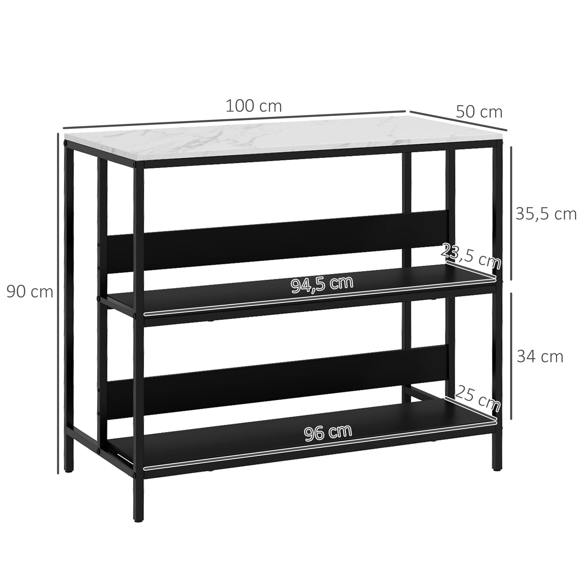HOMCOM - Postre isla de cocina, mueble de cocina, bandeja de aspecto mármol, estructura de acero, 2 estantes, mueble de almacenamiento para salón, estilo moderno, 100 x 50 x 90 cm, color negro