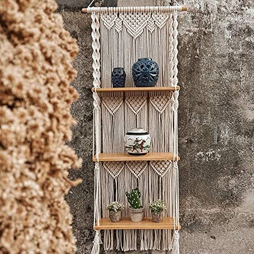 Bmocoen 140CM X 50CM Boho Makramee Wandbehang 3 Tier Handgefertigte Gewebte Quaste Organizer Regale Wand Schwimmende KleiderbüGel für Wohnkultur