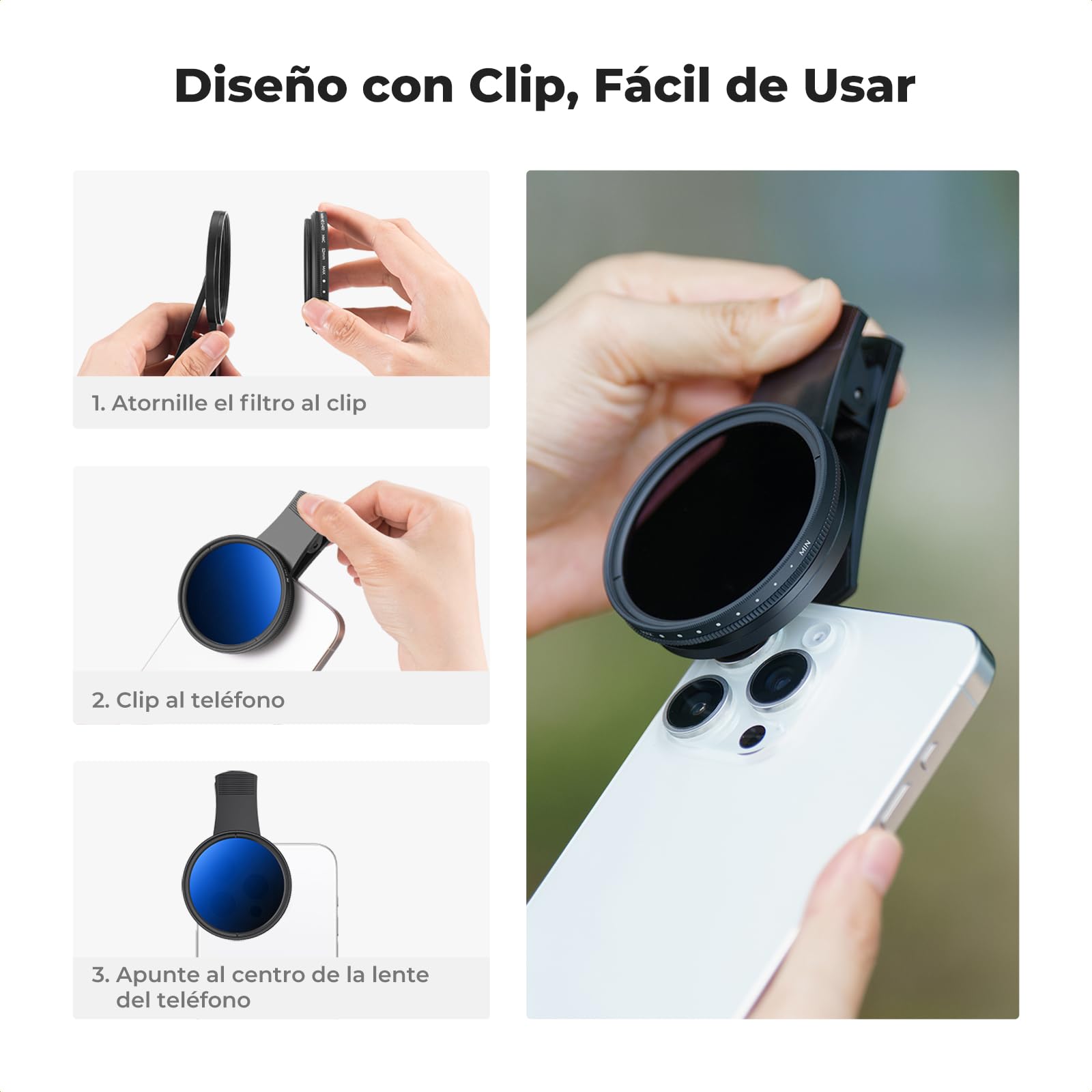 K&F Concept 52mm Clip-on Filtro ND2-400 para Teléfono,Filtro Variabile ND2–400, Teléfono Móvil Lente de Densidad Neutra con Clip Compatible con iPhone 16 15 Pro MAX 14 13 12 11