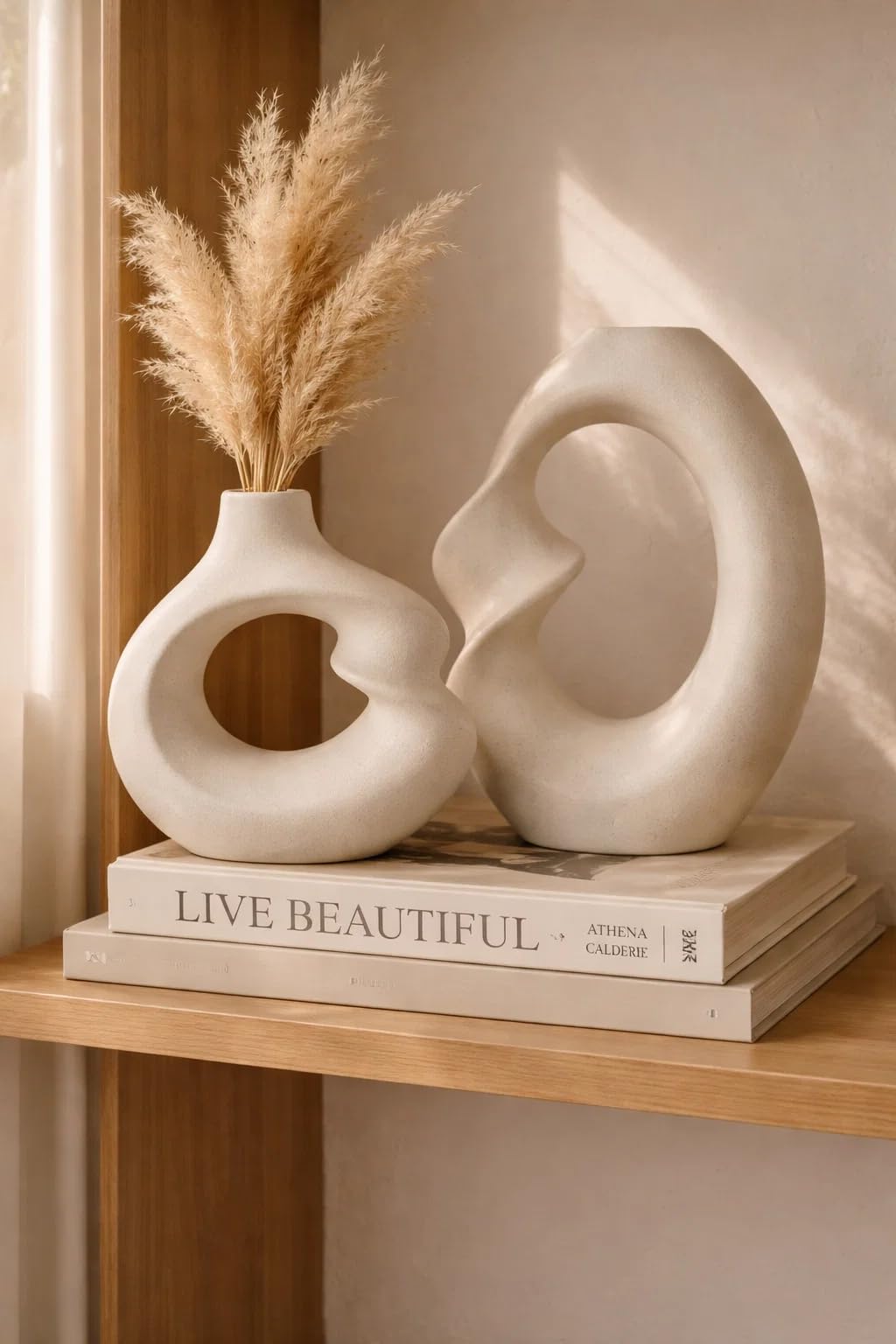SPHINX White Ceramic Donut Vase Set, 21.6 cm and 14.5 cm Modern Decorative Vases for Dried Flowers, Home Decor