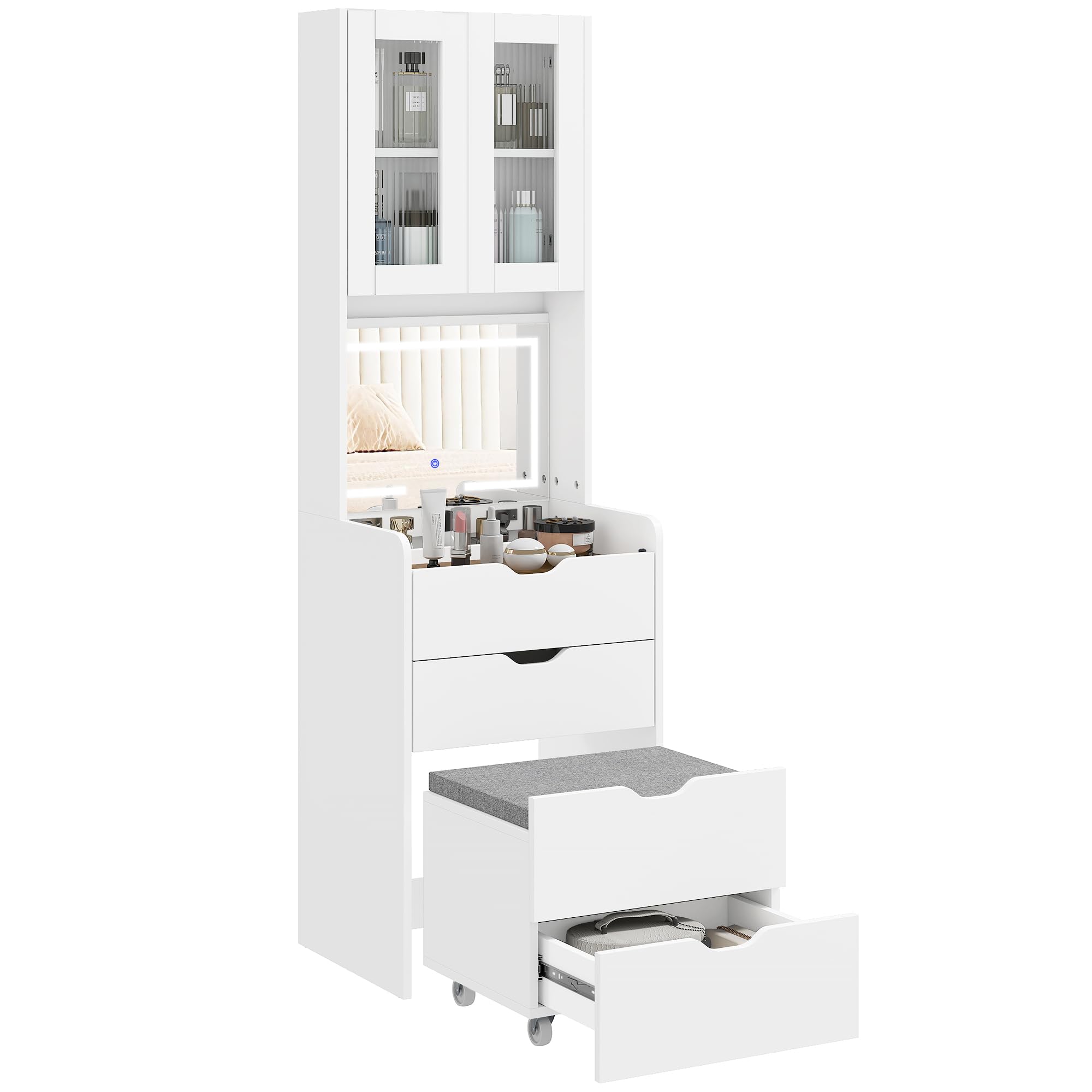 HOMCOM Postazione Trucco con Luci LED a 3 Colori, Specchio a Ribalta, Toeletta Trucco Moderna con Sgabello Imbottito a Scomparsa, 3 Cassetti, Armadietto con Ante in Vetro, Scomparto, Bianco