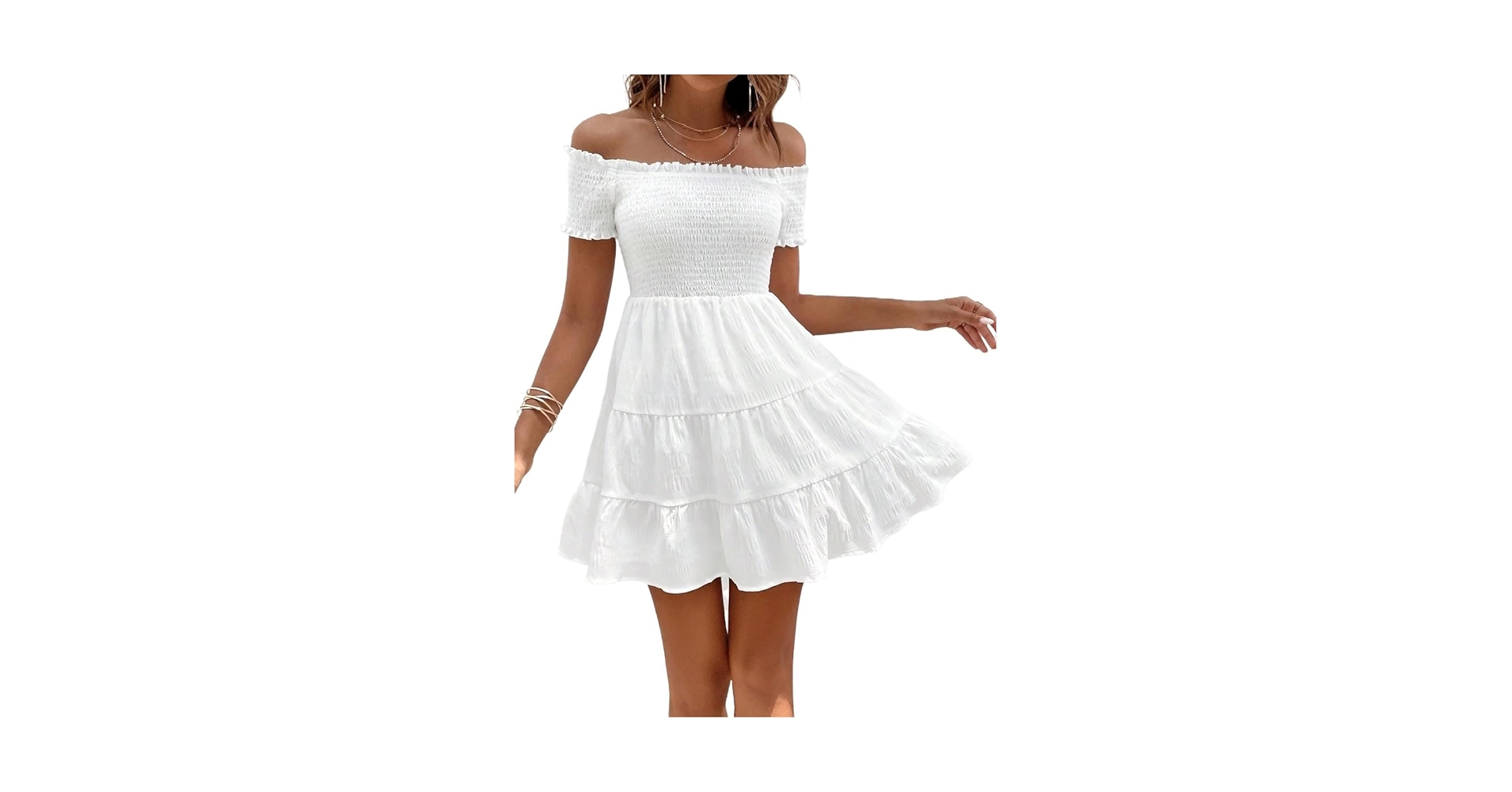 CIVOUX Womens White Dresses Off Shoulder Ruffle Hem Solid