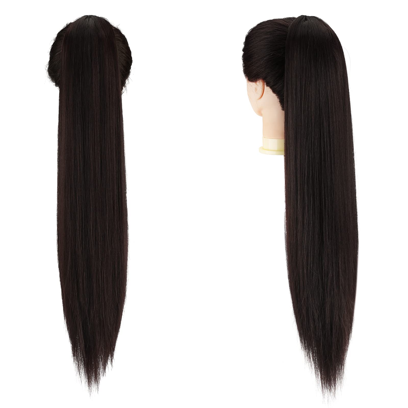 FESHFEN Coulisse Coda di Cavallo Extension, 70 cm Ponytail Extension Coda Capelli Lisci Lungo Coulisse Estensione dei Capelli Castano Scuro Sintetica Coda Capelli Extension