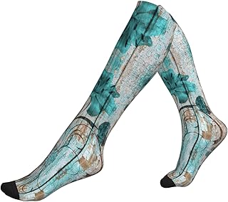 Calcetines de compresión con estampado de flor verde azulado en tablones de madera para hombres y mujeres, hasta la rodilla, adecuados para correr, viajar y volar, 1 par