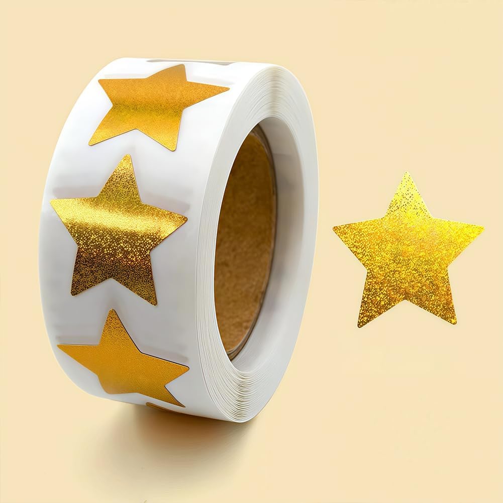 500 Pcs Gold Star Stickers, 1 Inch Sparkly Glitter Reward Stickers for Kids, Self-Adhesive Metallic Stars for Teacher Supplies, Behavior Charts, DIY Crafts and Decoration