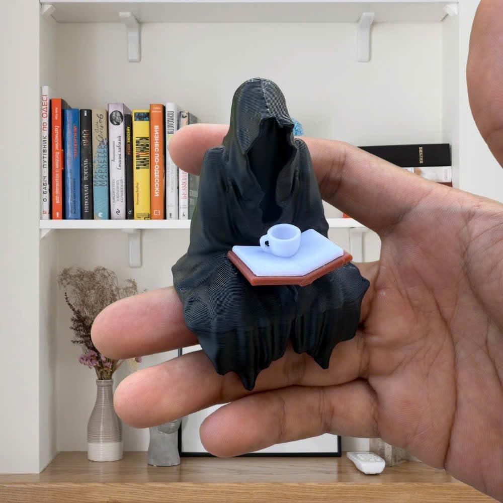 SpeakerMan Grim Reaper Mini Figurine – Funny Halloween Decor for Coffee Fans – Gothic Desk Statue – 3D Printed Dark Humor Collectible for Office or Shelf image 2