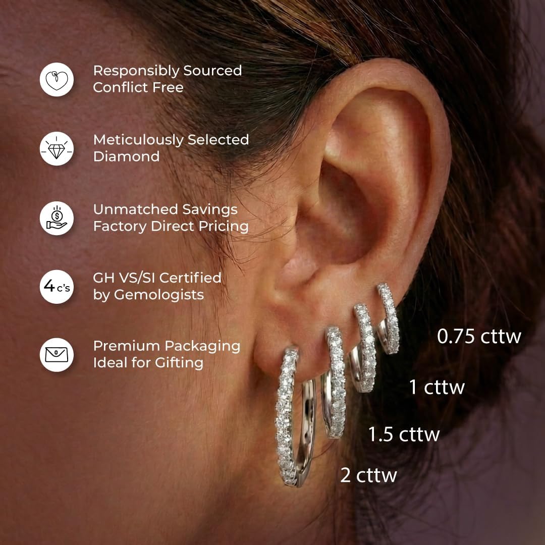 Lab Grown Diamond Hoop Earrings for Women| 3/4-2 CT. TW. GH Color VS SI Clarity | Solid 14K White or Yellow Gold Plated Sterling Silver Diamond Earring Set