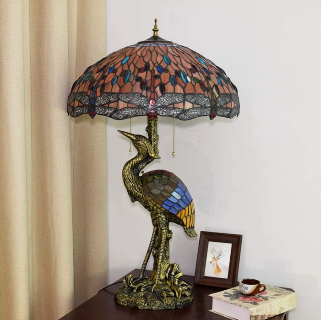 Tiffany Style Tischleuchte Schreibtisch neben Lampen 20 Zoll Libelle Glasmalerei Schatten 3 Licht Crane Resin Base für Wohnzimmer Schlafzimmer Tischbeleuchtung,220 V, E27 * 3,40 W (50 × 85 cm),A