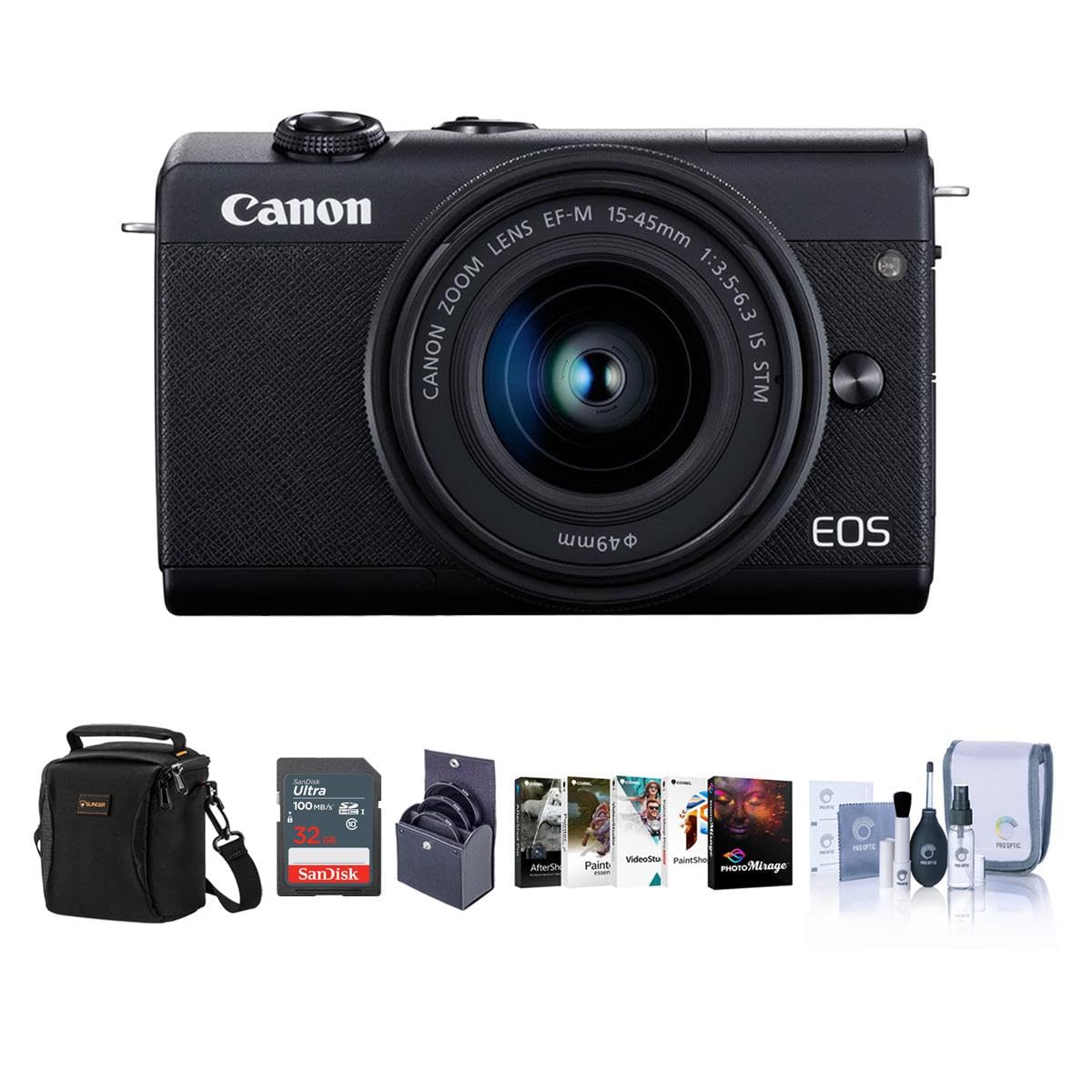 Canon EOS M200 Mirrorless Camera with EF-M 15-45mm f/3.5-6.3 is STM Lens, Black - Bundle with 49mm Filter Kit, 16GB SDHC Card, Camera Case, Cleaning Kit, Pc Software Package