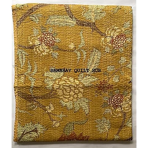 Sambhav Quilt Hub Hand Block Floral Print Handmade Cotton Block Kantha Quilting Boho Bedding Throw Blanket Hippie Queen/King Size Bohemian Floral Kantha Quilt (Yellow, 90X108 inch) Cover