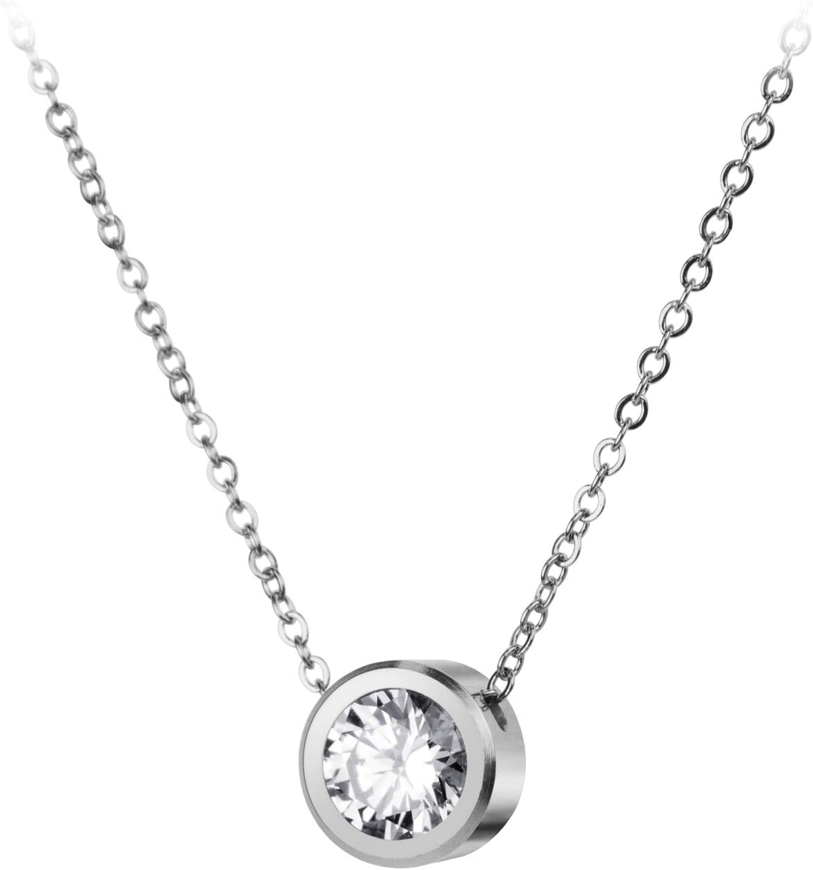 555Jewelry Stainless Steel Round CZ Solitaire Sparkly Bezel Pendant Necklace