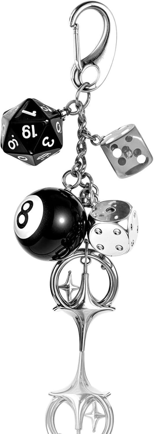 Sibba 8 Ball Dice Charm Keychain for Women Men Y2K Goth Punk Bag Charms, Cute Purse Accessories with Metal Star, Black Bag Keychain for Backpack Laptop Keys, 1 Pc